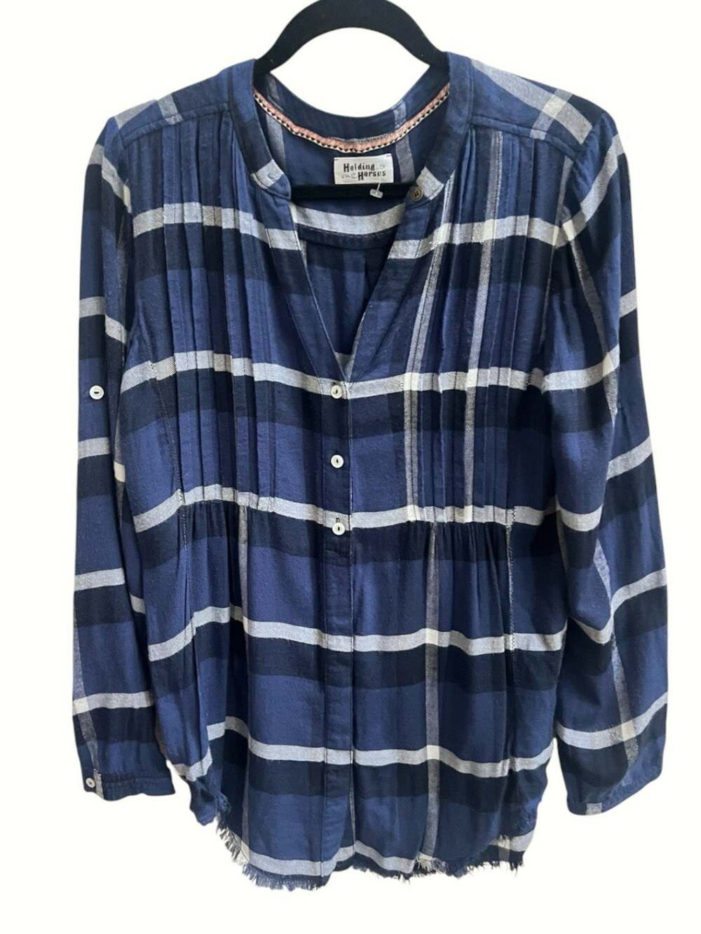 Anthropologie Holding Horses Plaid Blue Tunic Button Down Shirt Raw Hem Sz S